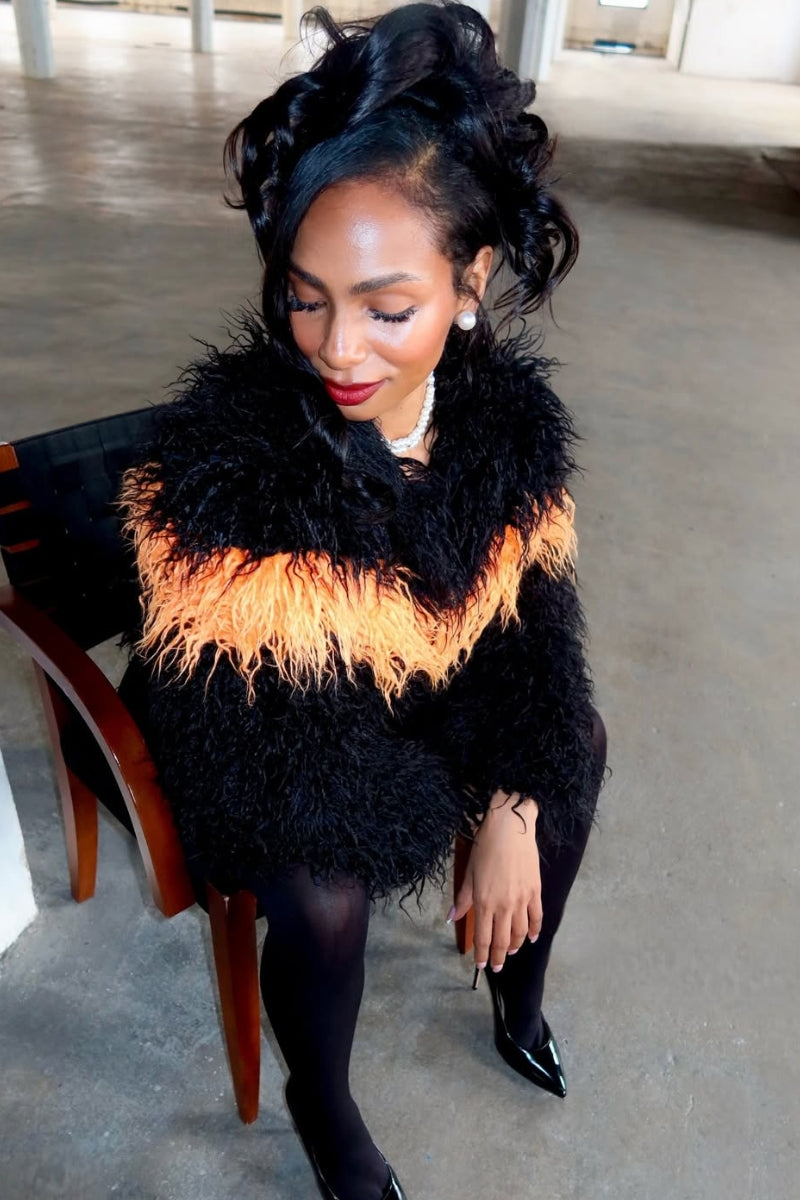 ORANGE BLACK FAUX FUR COAT