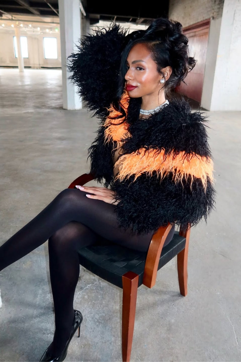 ORANGE BLACK FAUX FUR COAT