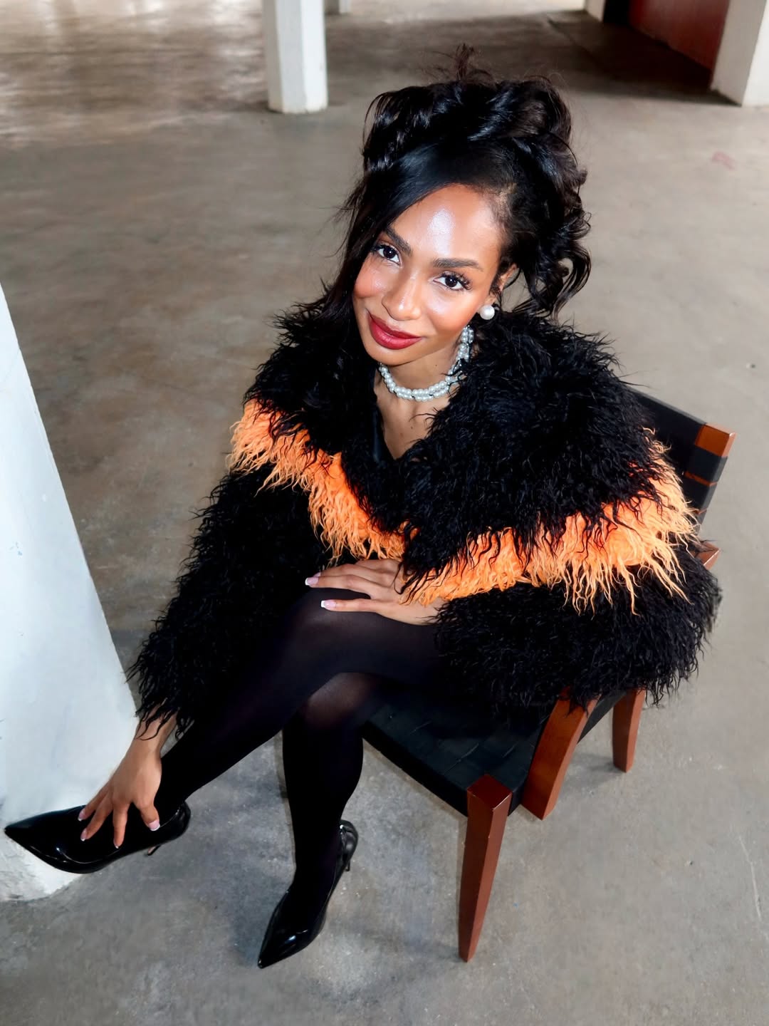 ORANGE BLACK FAUX FUR COAT